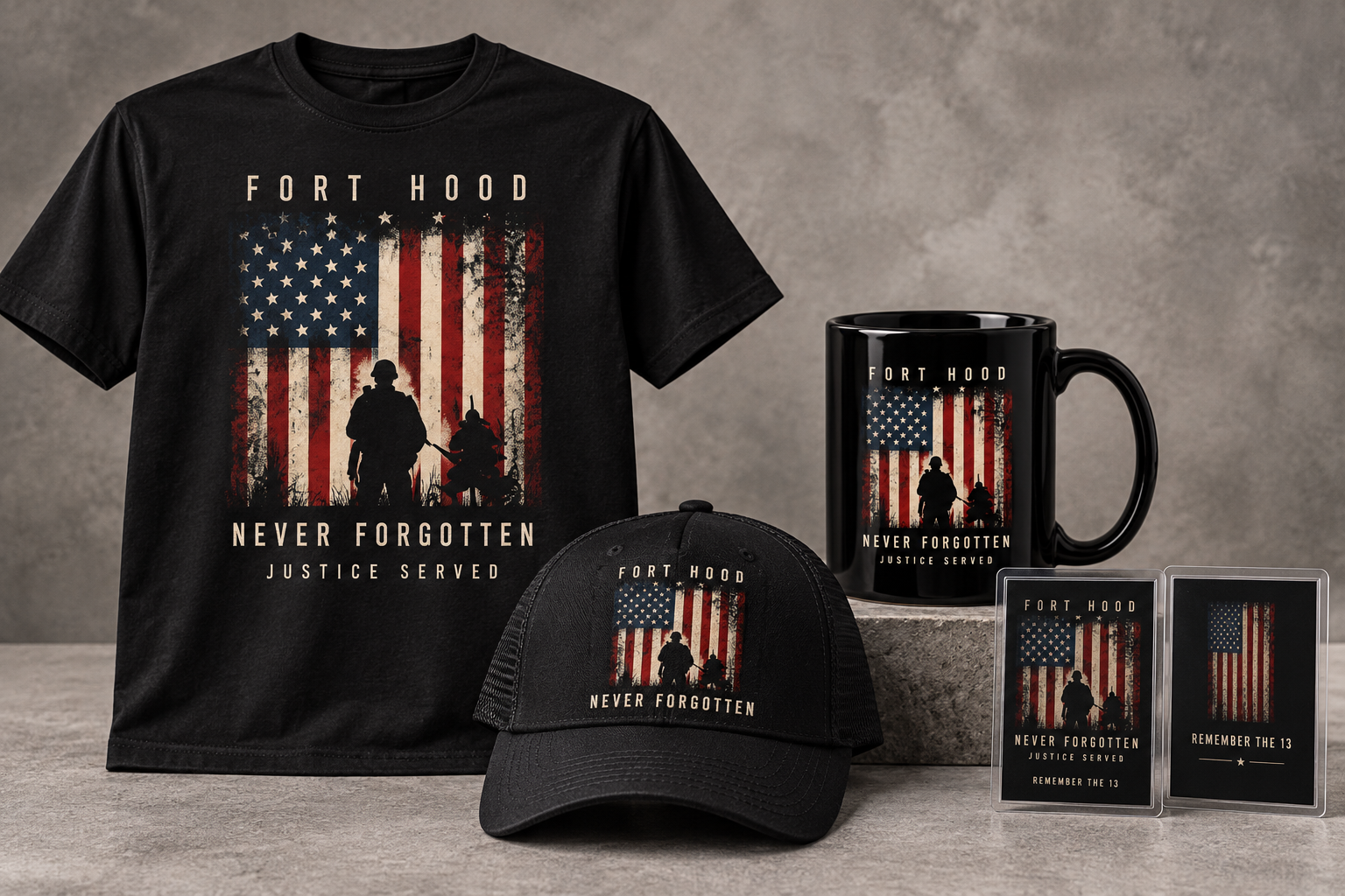 Black Fort Hood shirt, cap, mug and remembrance cards featuring a distressed American flag and service-member silhouettes.