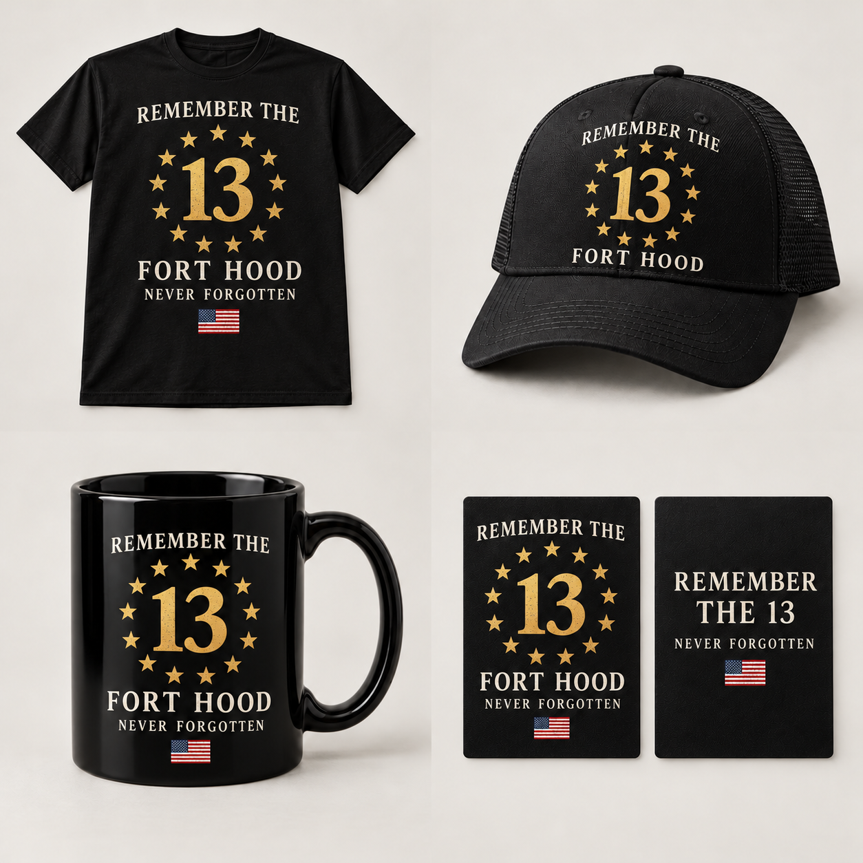 Black Remember the 13 tee, cap, mug and card mockups with a gold 13 and memorial star emblem.